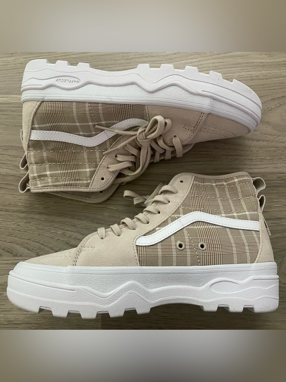 Vans Beige Plaid High-Top Platform Sneakers with White Stripe